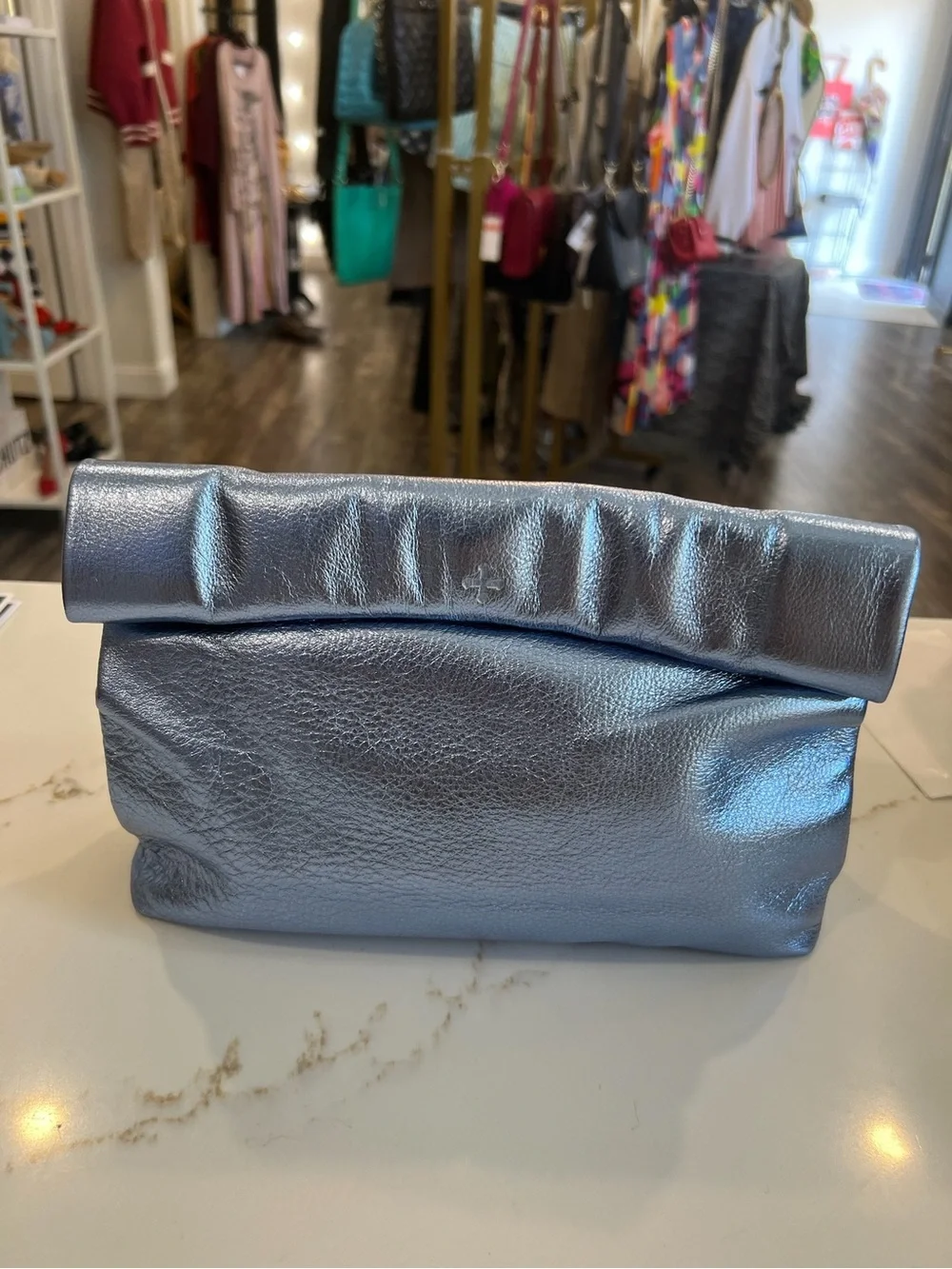 Metallic Slate metallic Blue Roll-Top paper bag Clutch